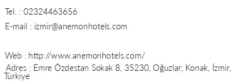 Anemon Izmir Otel telefon numaralar, faks, e-mail, posta adresi ve iletiim bilgileri